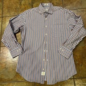 Peter Millar Mens 100% Cotton Dress Shirt Sz Med Stripes Blue Brown Neck 17